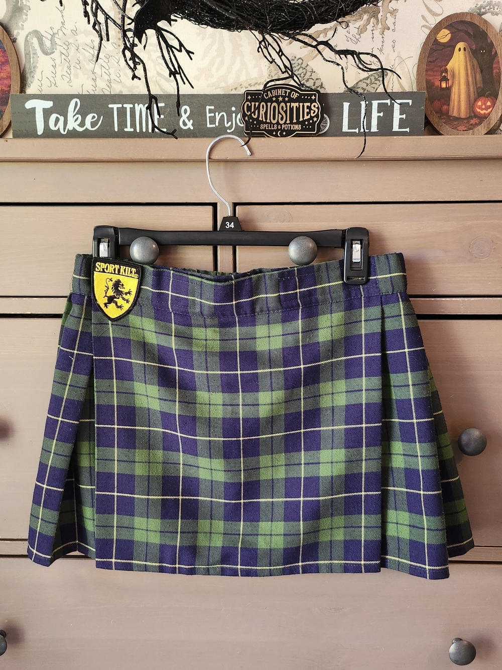 Women's Sport Kilt Green & Navy Plaid Mini Skirt Size Medium